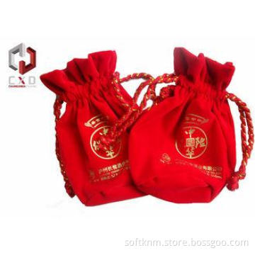 Red Round Velvet Drawstring Bag With Silk Screen Printed Lo